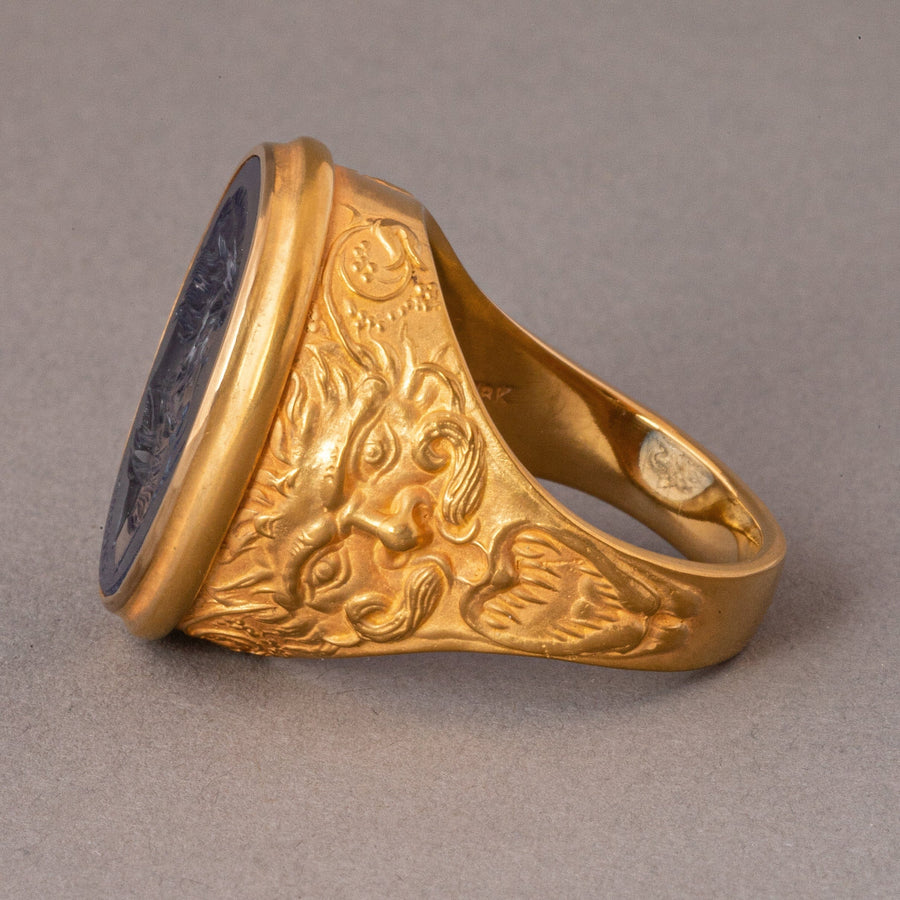 Hades Blue Sapphire Intaglio 18K Gold Signet Ring