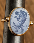 Boy with Dog Blue Chalcedony Intaglio 18K Gold Signet Ring