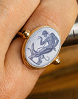Boy with Dog Blue Chalcedony Intaglio 18K Gold Signet Ring