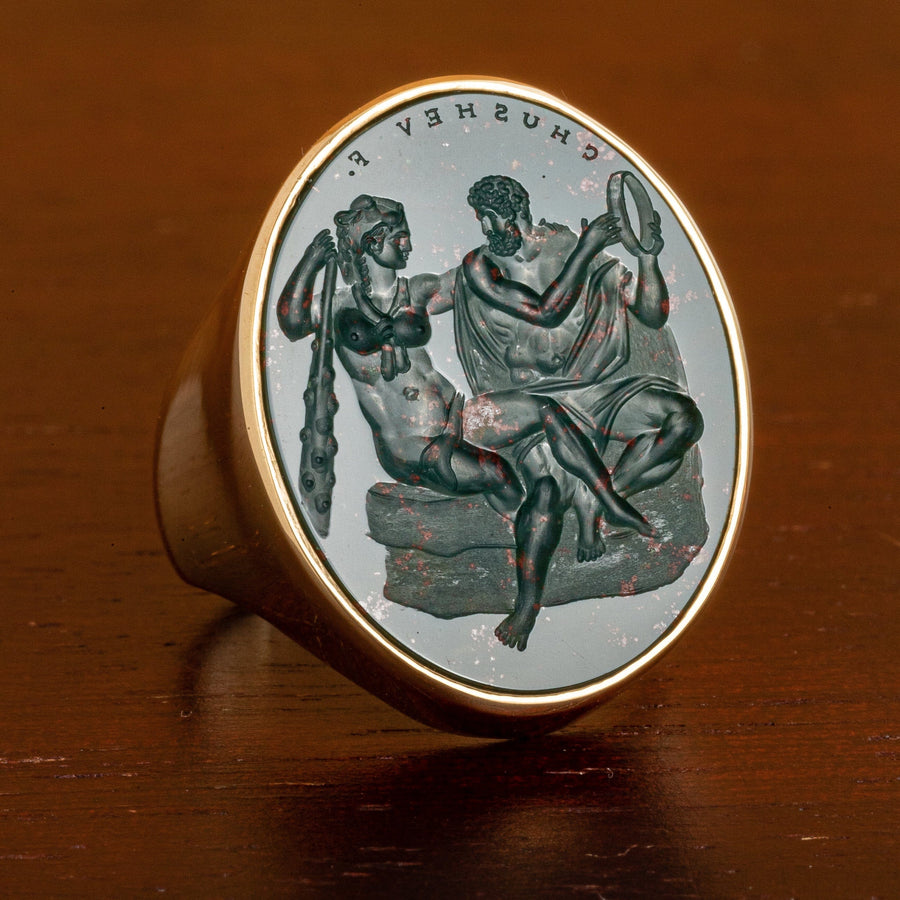 Hercules and Omphale Bloodstone Intaglio 18K Gold Signet Ring