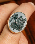 Hercules and Omphale Bloodstone Intaglio 18K Gold Signet Ring