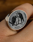 Huginn and Muninn Black Onyx Intaglio Silver Signet Ring