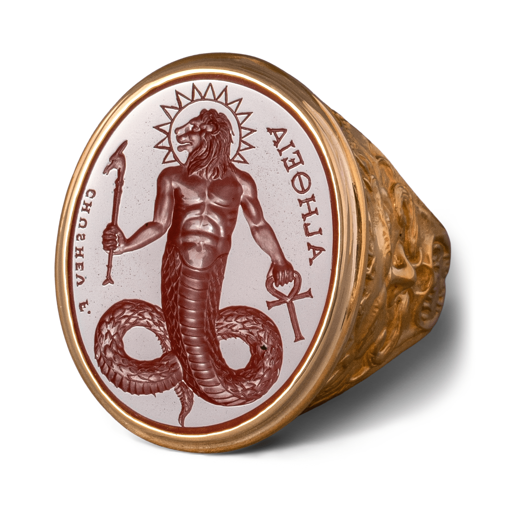 Chnoubis Carnelian Intaglio 18K Gold Signet Ring – Olithica
