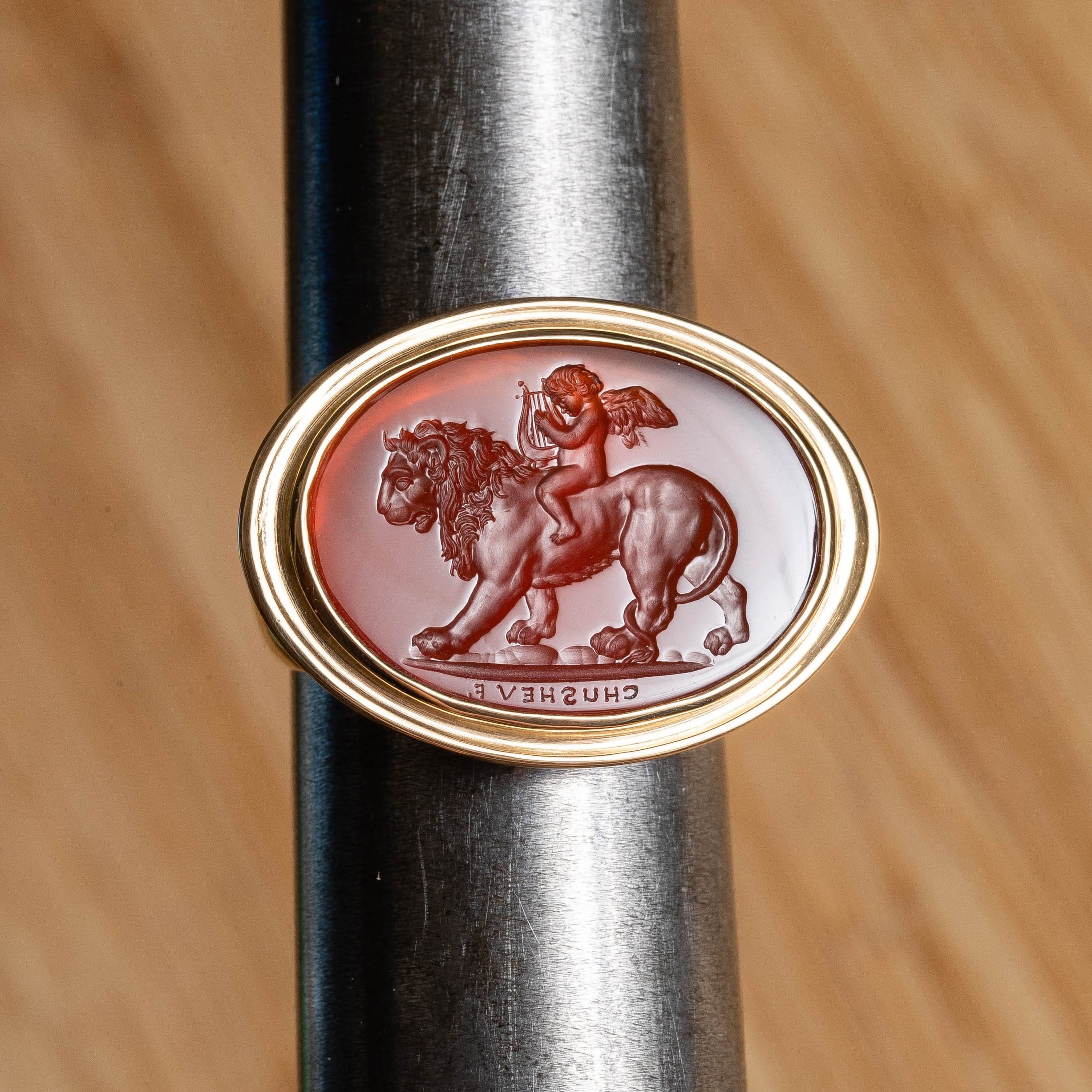 Cupid & Lion Carnelian Intaglio 18K Gold Signet Ring