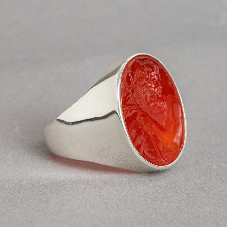 side view posedion carnelian intaglio on silver ring