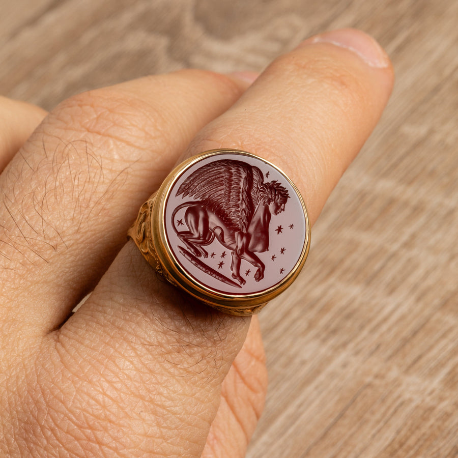 Sphinx Carnelian Intaglio 18K Gold Signet Ring