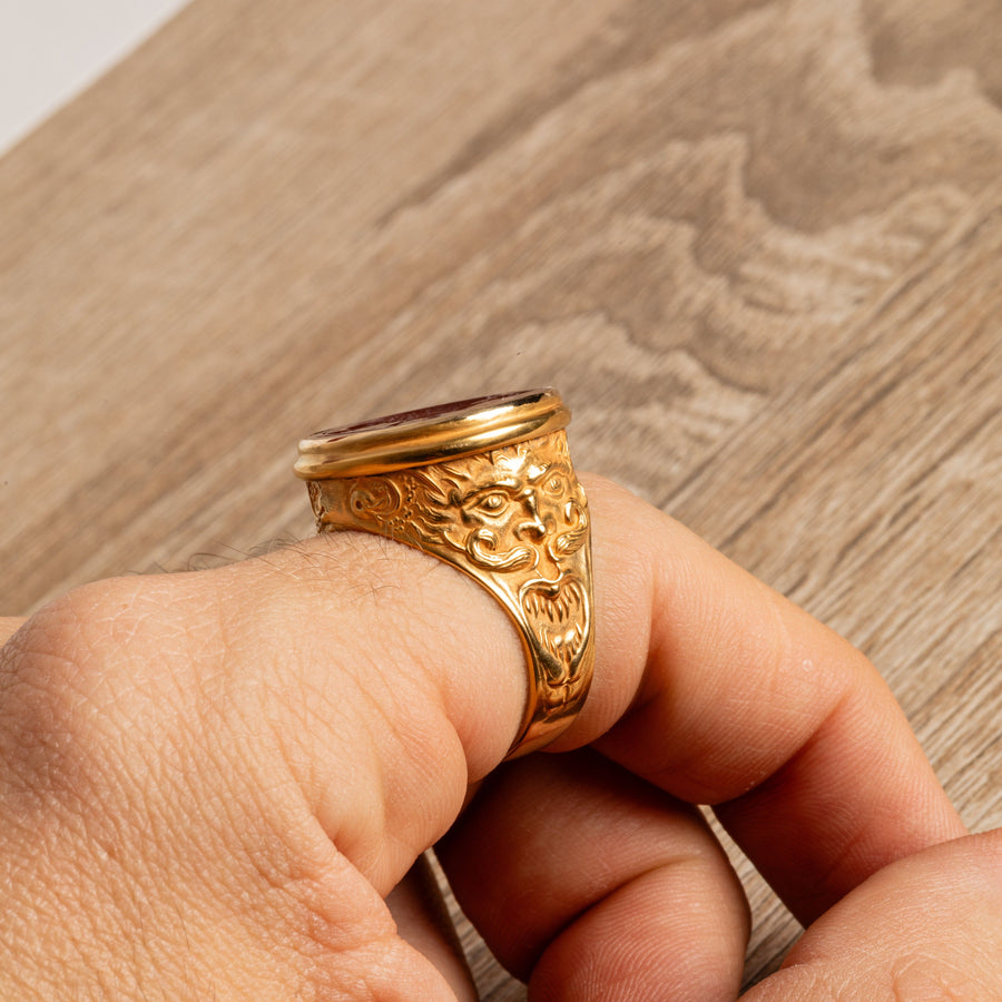 Sphinx Carnelian Intaglio 18K Gold Signet Ring
