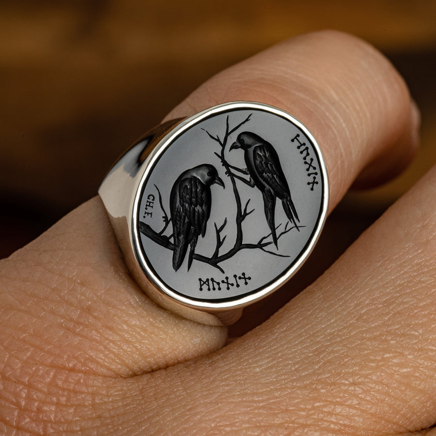 Huginn and Muninn Black Onyx Intaglio Silver Signet Ring