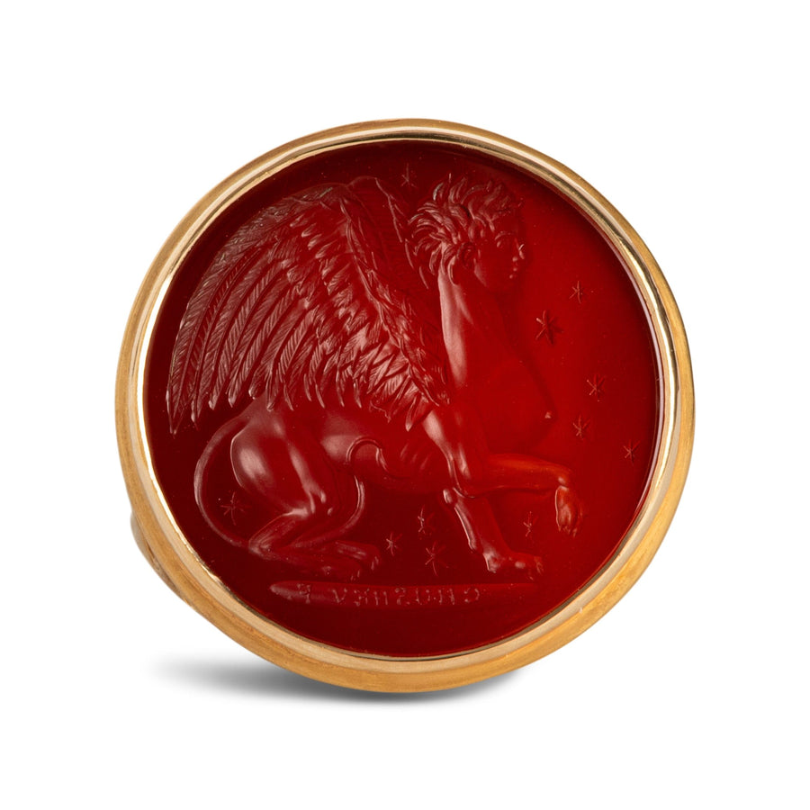 Sphinx Carnelian Intaglio 18K Gold Signet Ring