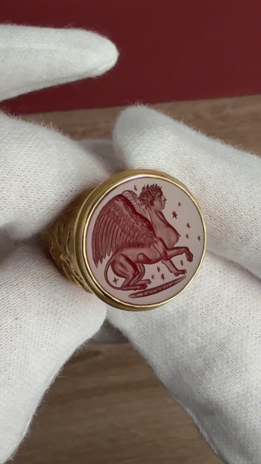 Sphinx Carnelian Intaglio 18K Gold Signet Ring