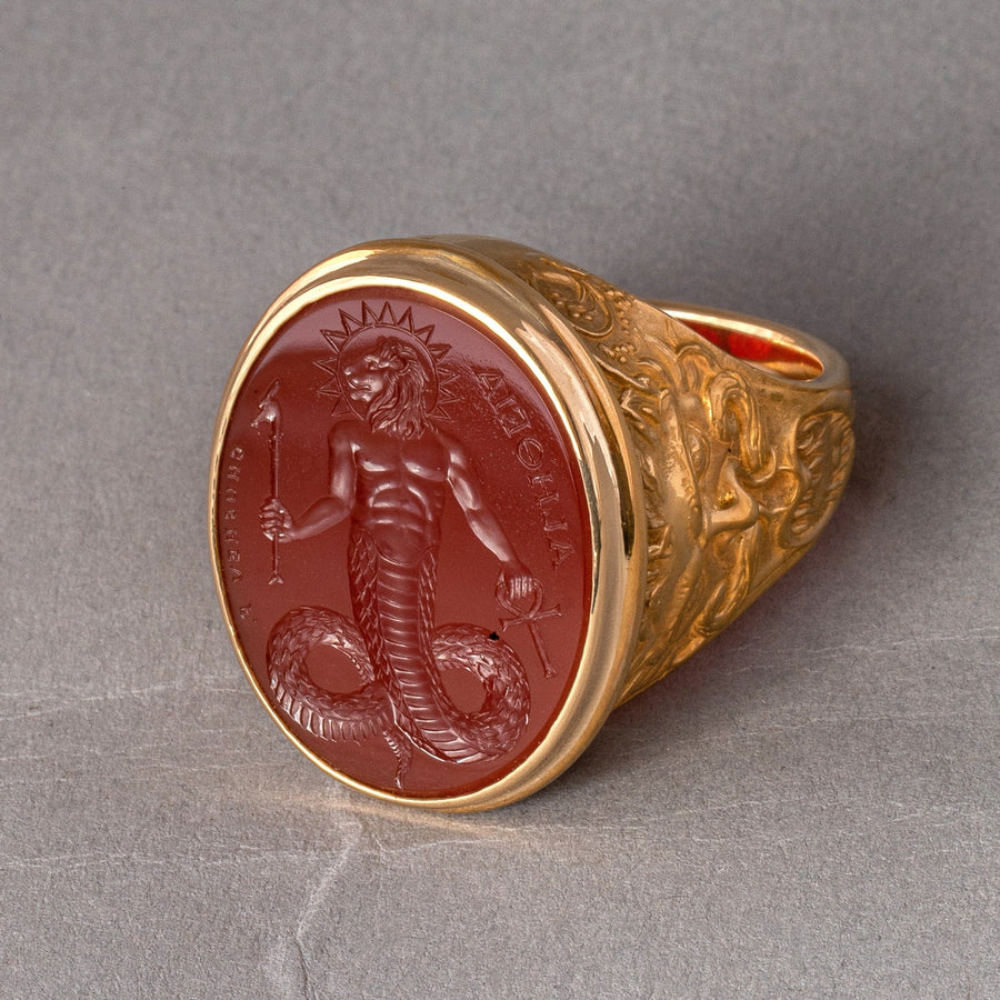 Chnoubis Carnelian Intaglio 18K Gold Signet Ring
