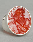 close up posedion carnelian intaglio on silver ring