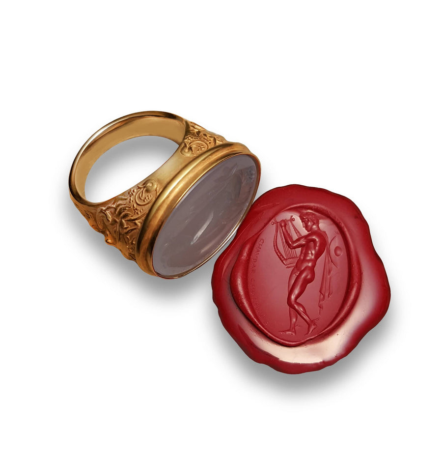 Hermes With Lyre Blue Chalcedony Intaglio 18K Gold Signet Ring